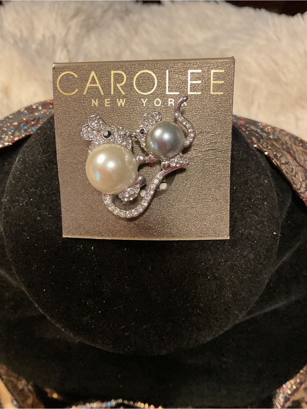Carolee Two-Pearl Crystal Mouse Brooch in Ivory and Gray